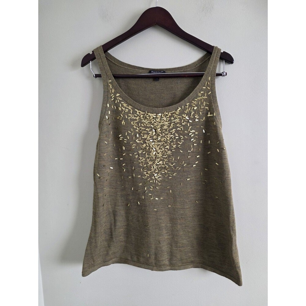 Eileen Fisher Scoopneck Shell Merino Wool with Sequins Size Large Green Hedge